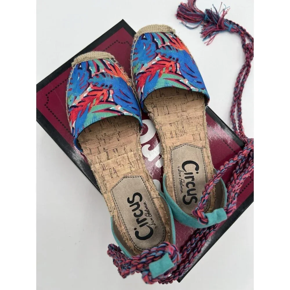Circus Sam Edelman Boho Espadrille 8.5M Tropical Print Ankle Tie Tassel Festival